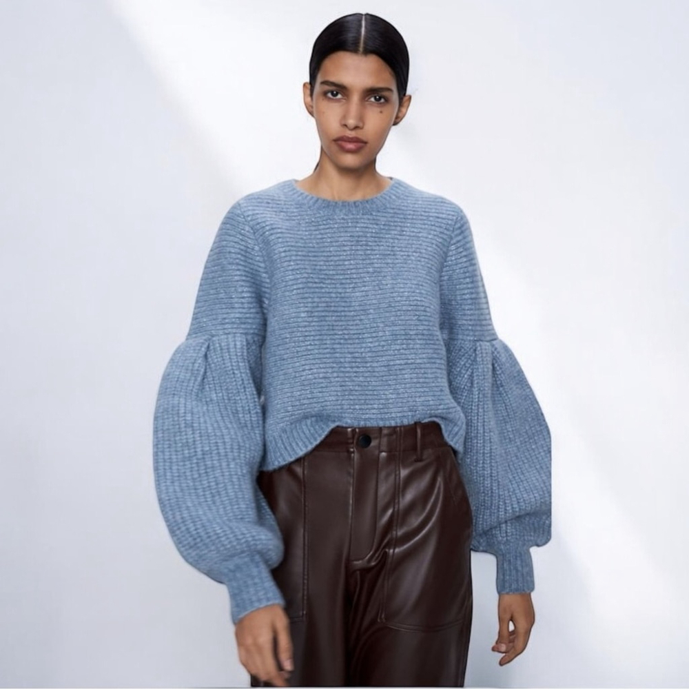 Zara Dusty Blue Wool Blend Balloon Sleeve Ribbed Sweater Size S
